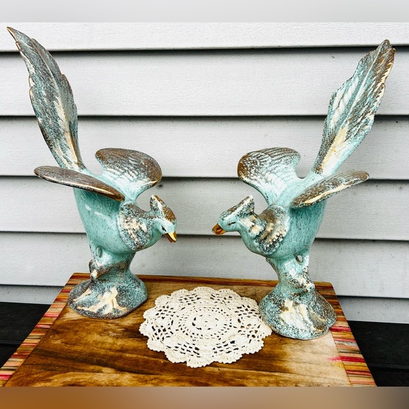 Vintage MCM ceramic pheasant figurines Turquoise with Gold Accents 1960’s